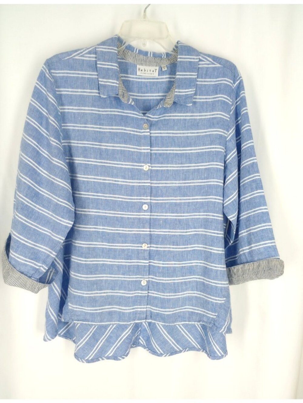 Habitat Blue White Striped Button Up Top Blouse XL Linen Lagenlook Coastal
